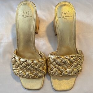Marc Fisher Gold Leather Braided Heeled Sandals